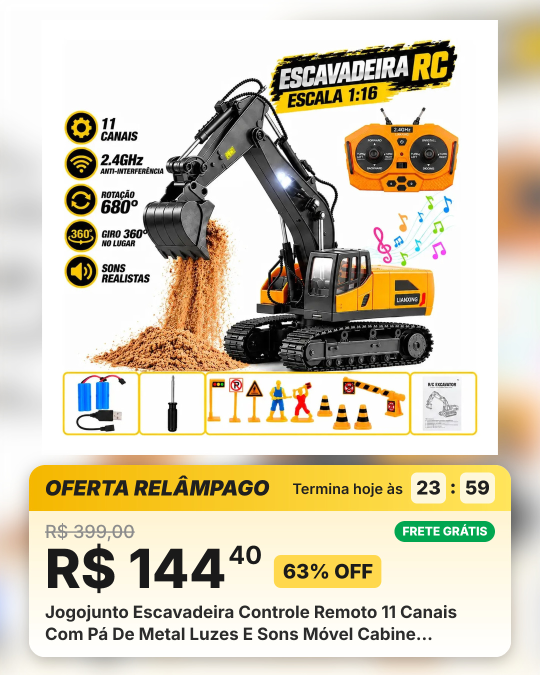 Jogojunto Escavadeira Controle Remoto 11 Canais Com Pá De Metal Luzes E Sons Móvel Cabine Giratória Acessórios... Laranja Caminhão Escavadeira Trator