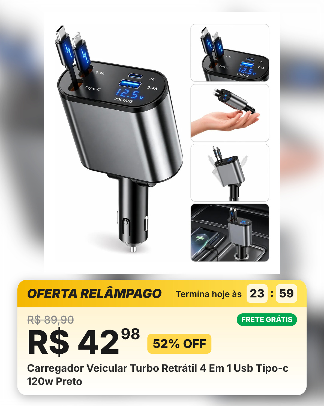 Carregador Veicular Turbo Retrátil 4 Em 1 Usb Tipo-c 120w Preto