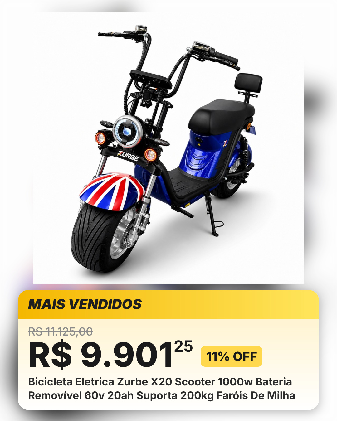 Bicicleta Eletrica Zurbe X20 Scooter 1000w Bateria Removível 60v 20ah Suporta 200kg Faróis De Milha