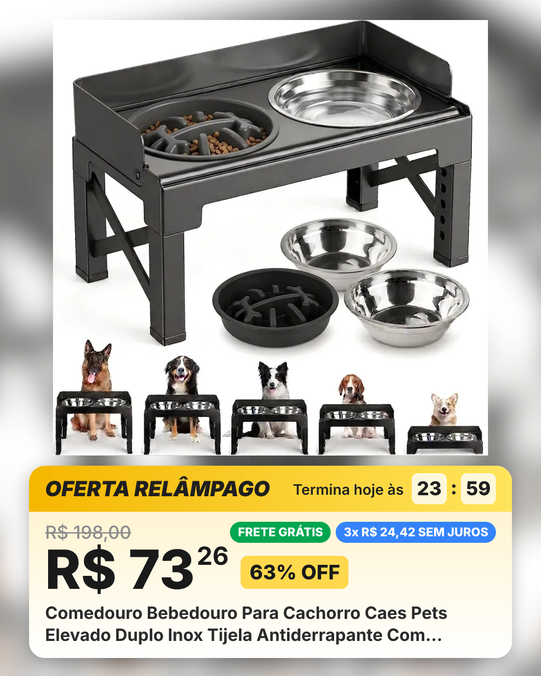 Comedouro Bebedouro Para Cachorro Caes Pets Elevado Duplo Inox Tijela Antiderrapante Com Regulavel Com Aço Inoxidável... Preto