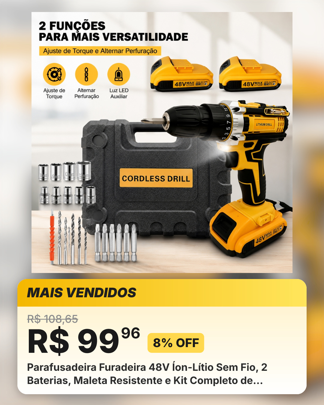 Parafusadeira Furadeira 48V Íon-Lítio Sem Fio, 2 Baterias, Maleta Resistente e Kit Completo de Acessórios