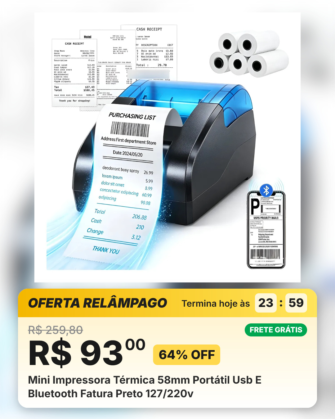 Mini Impressora Térmica 58mm Portátil Usb E Bluetooth Fatura Preto 127/220v