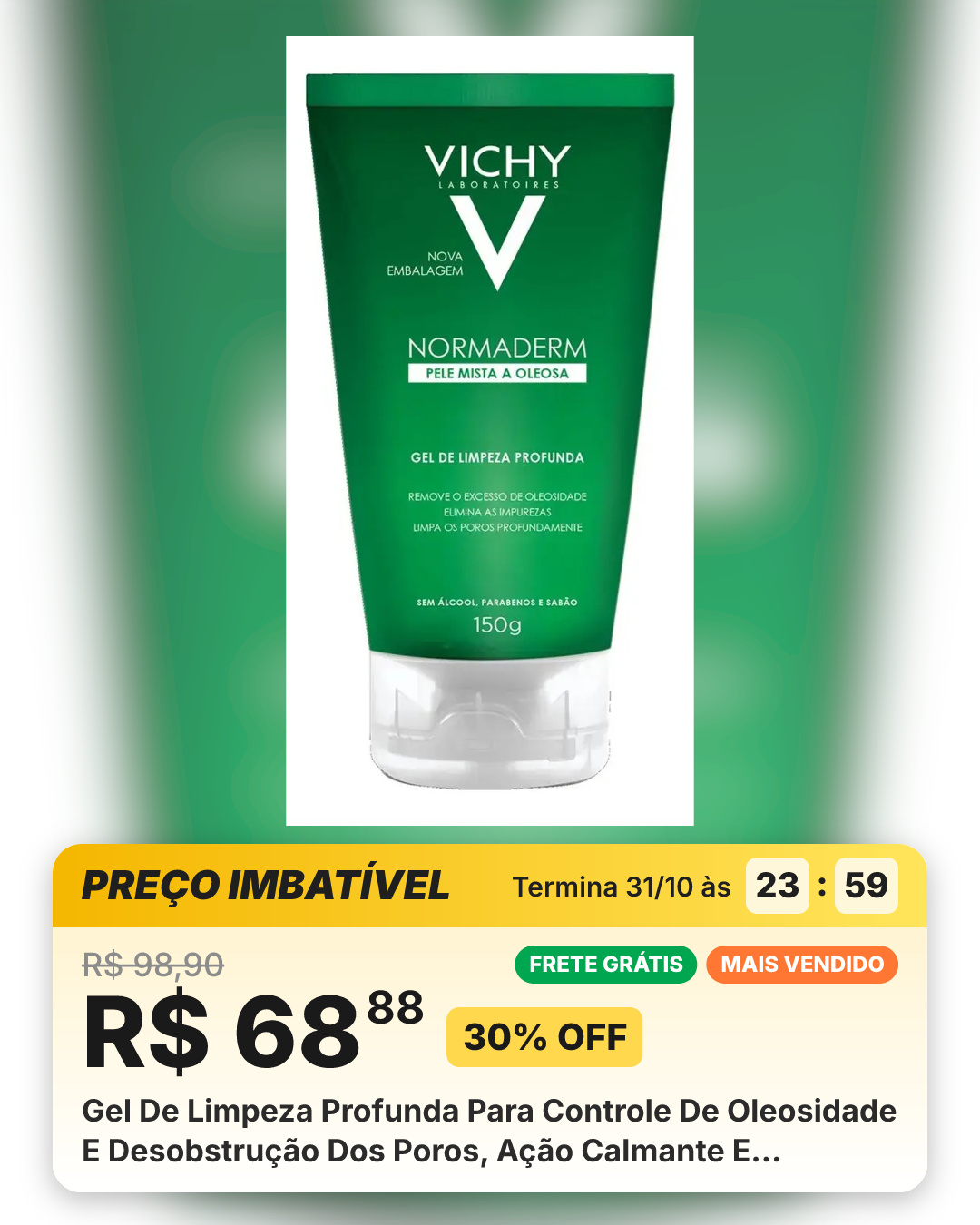 Gel De Limpeza Profunda Para Controle De Oleosidade E Desobstrução Dos Poros, Ação Calmante E Anti-inflamatória, Normaderm Vichy, 150g Todo Tipo De Pele Dia/noite