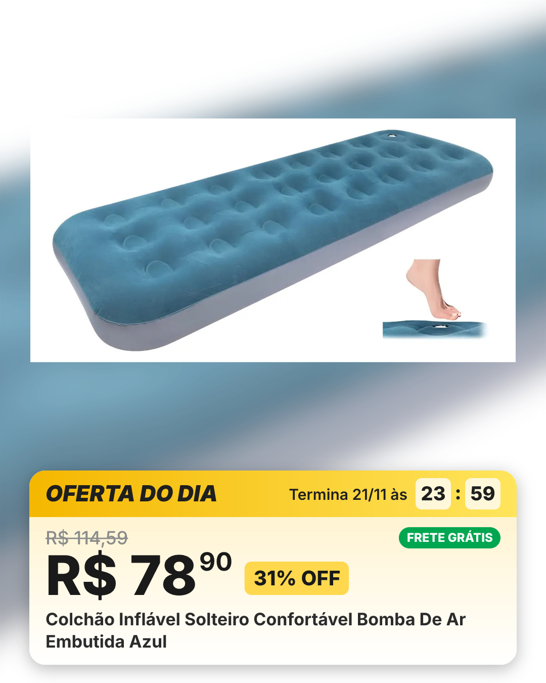 Colchão Inflável Solteiro Confortável Bomba De Ar Embutida Azul