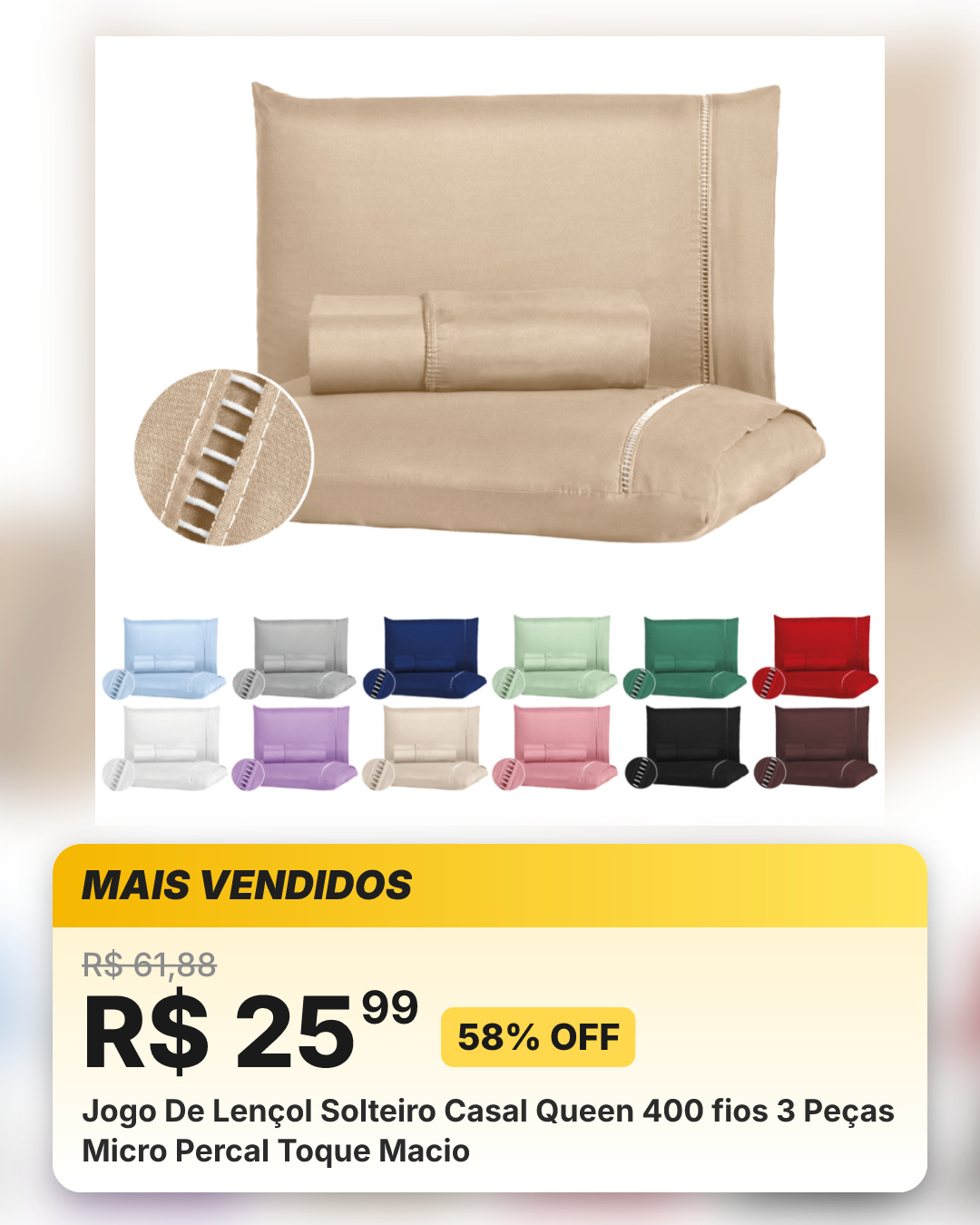 Jogo De Lençol Solteiro Casal Queen 400 fios 3 Peças Micro Percal Toque Macio