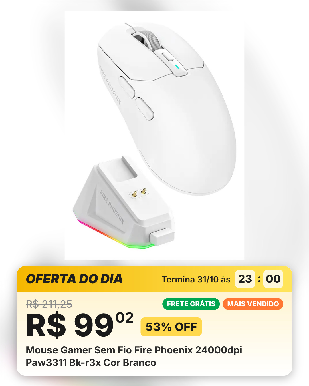 Mouse Gamer Sem Fio Fire Phoenix 24000dpi Paw3311 Bk-r3x Cor Branco