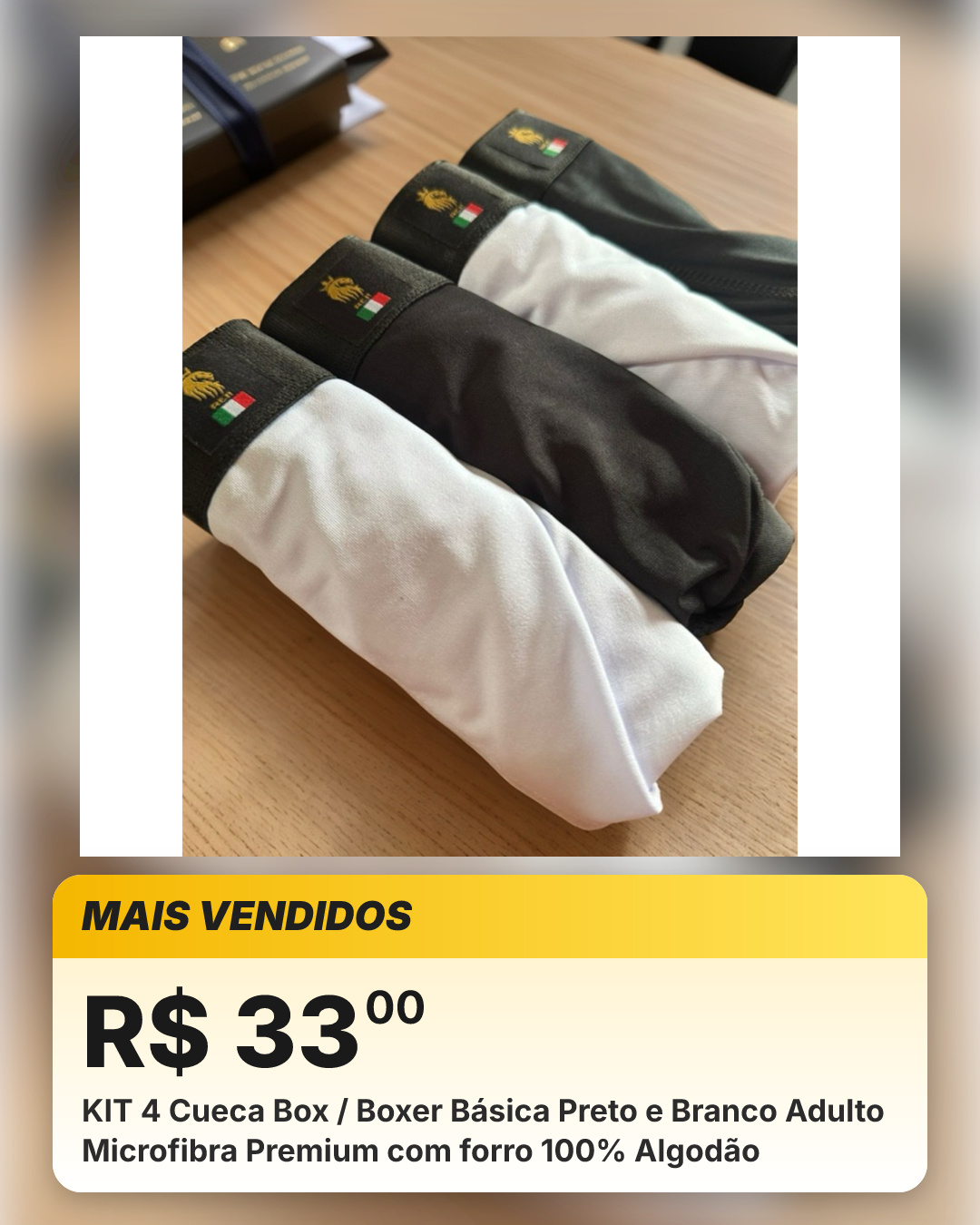 KIT 4 Cueca Box / Boxer Básica Preto e Branco Adulto Microfibra Premium com forro 100% Algodão