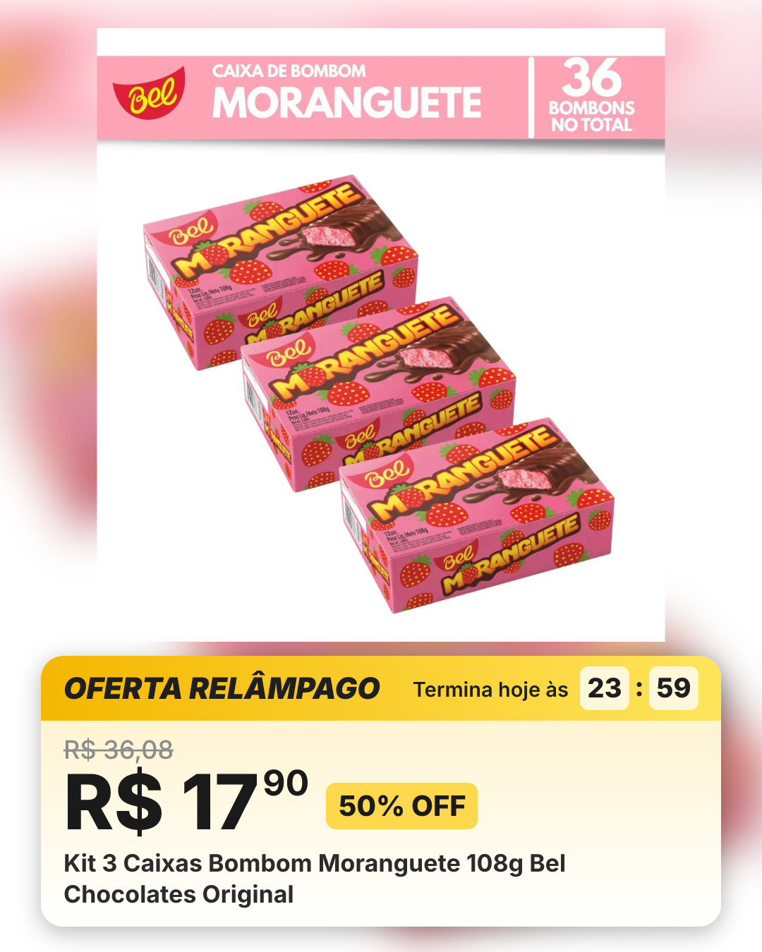 Kit 3 Caixas Bombom Moranguete 108g Bel Chocolates Original