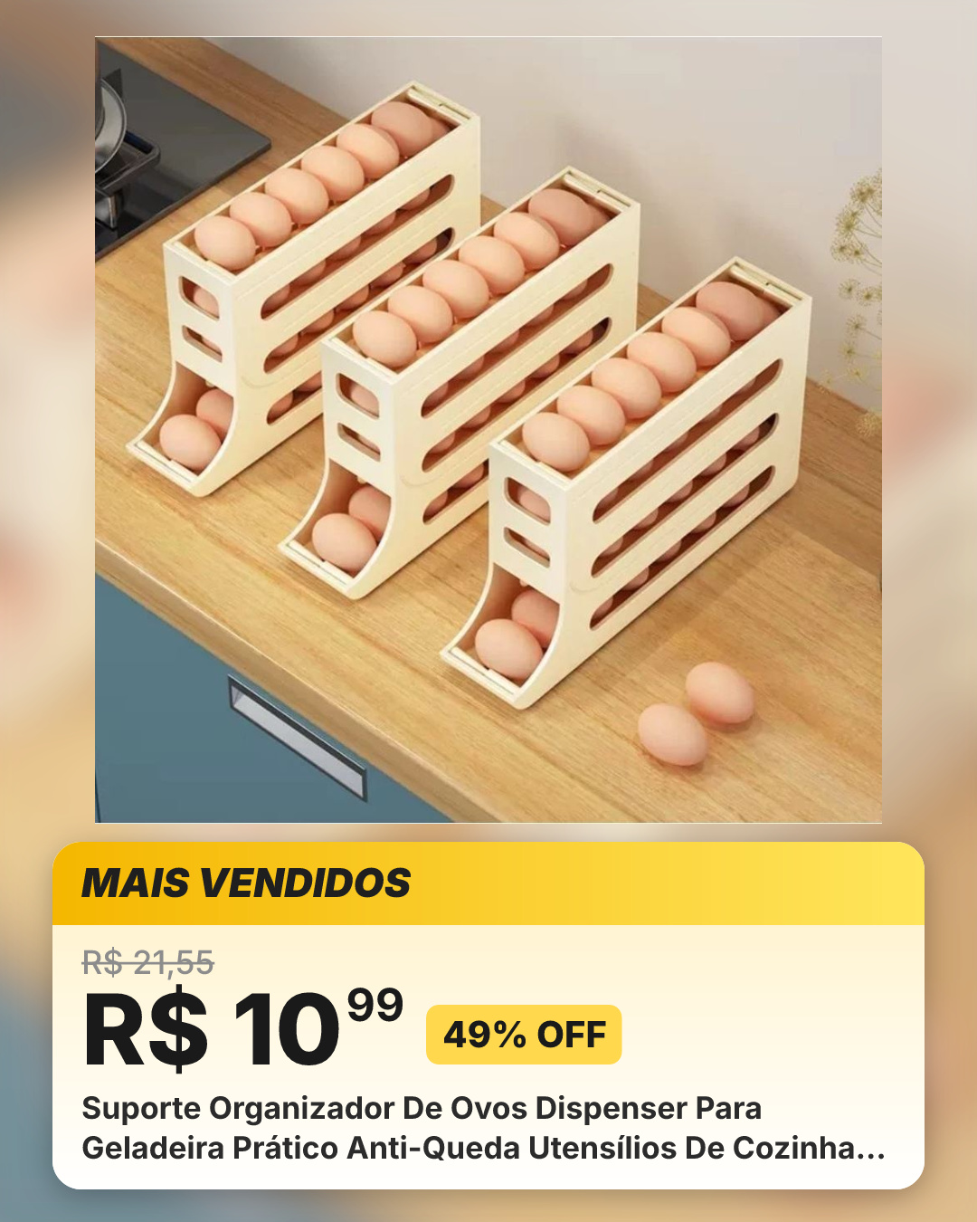 Suporte Organizador De Ovos Dispenser Para Geladeira Prático Anti-Queda Utensílios De Cozinha Original