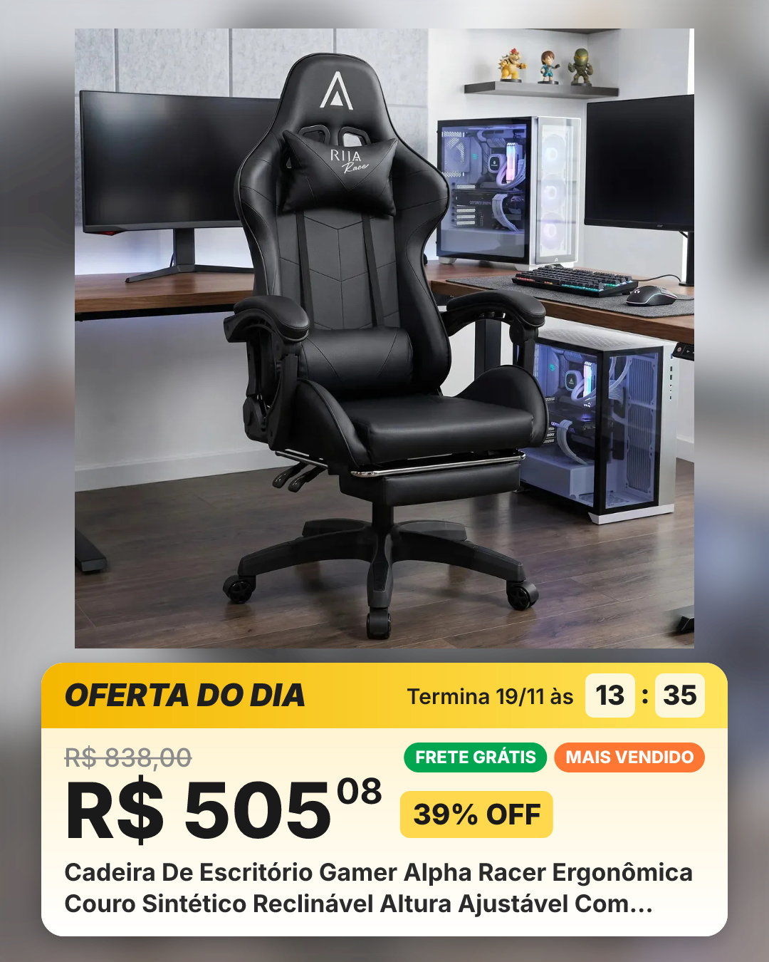 Cadeira De Escritório Gamer Alpha Racer Ergonômica Couro Sintético Reclinável Altura Ajustável Com Apoio Para Pés Preta Vincere Brasil Preto
