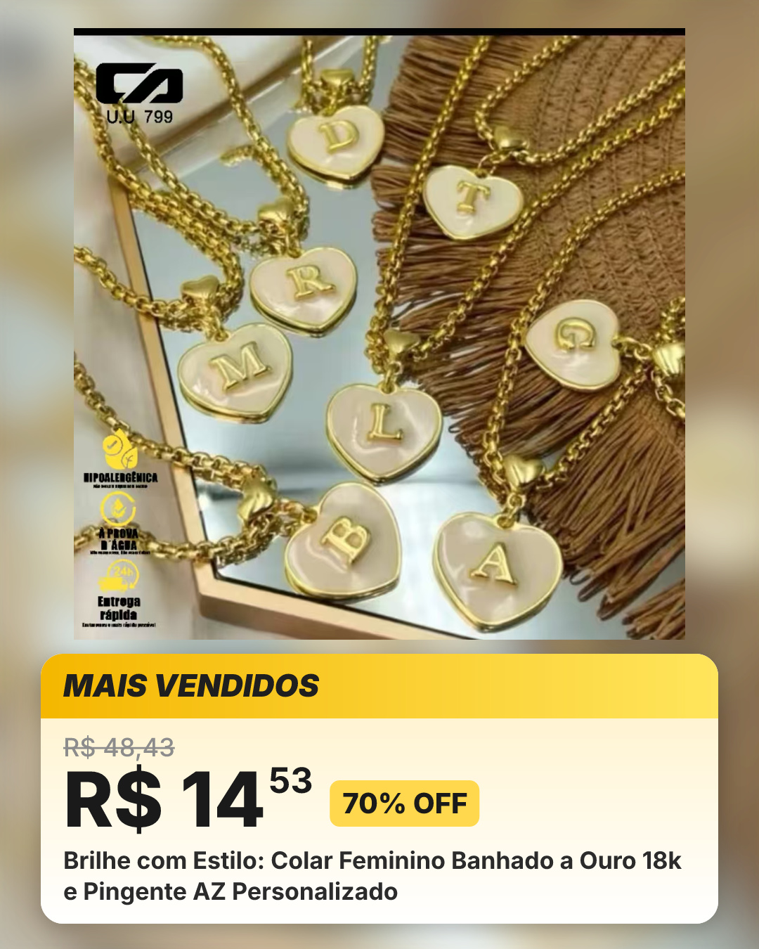 Brilhe com Estilo: Colar Feminino Banhado a Ouro 18k e Pingente AZ Personalizado