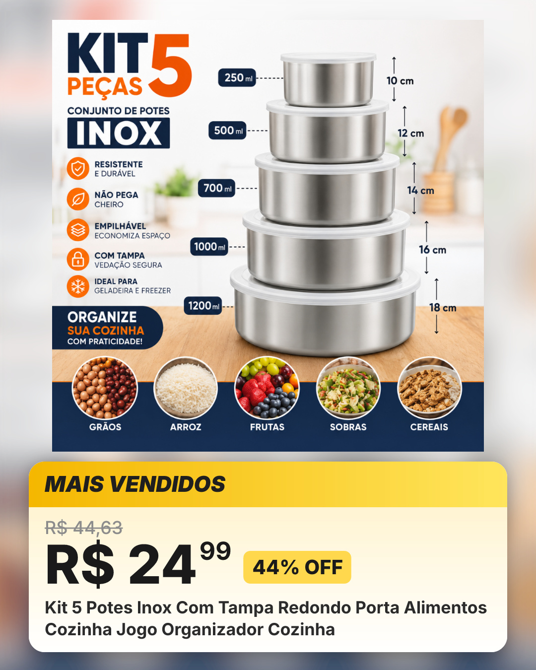 Kit 5 Potes Inox Com Tampa Redondo Porta Alimentos Cozinha Jogo Organizador Cozinha