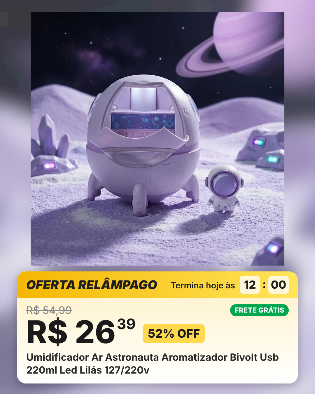 Umidificador Ar Astronauta Aromatizador Bivolt Usb 220ml Led Lilás 127/220v