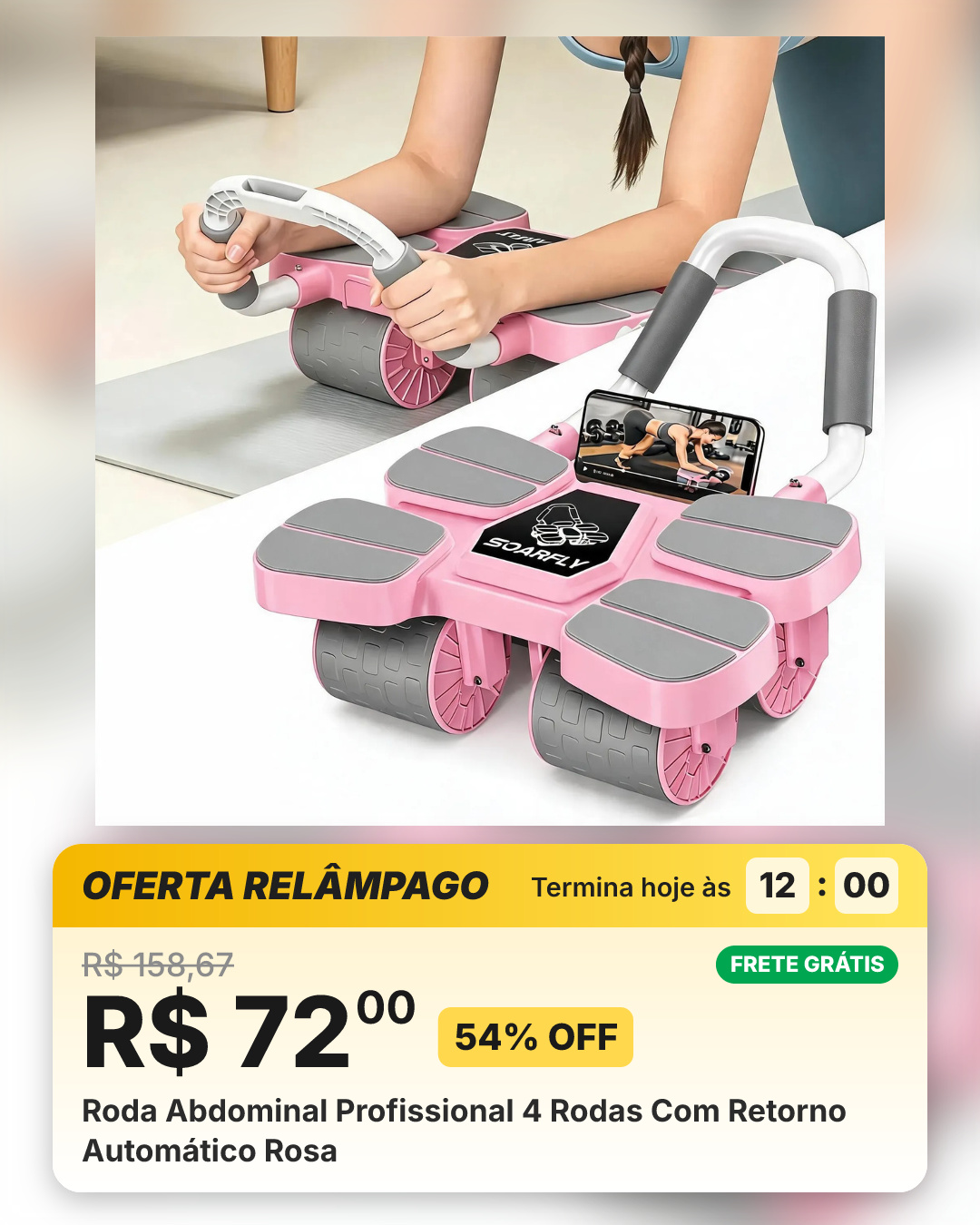 Roda Abdominal Profissional 4 Rodas Com Retorno Automático Rosa