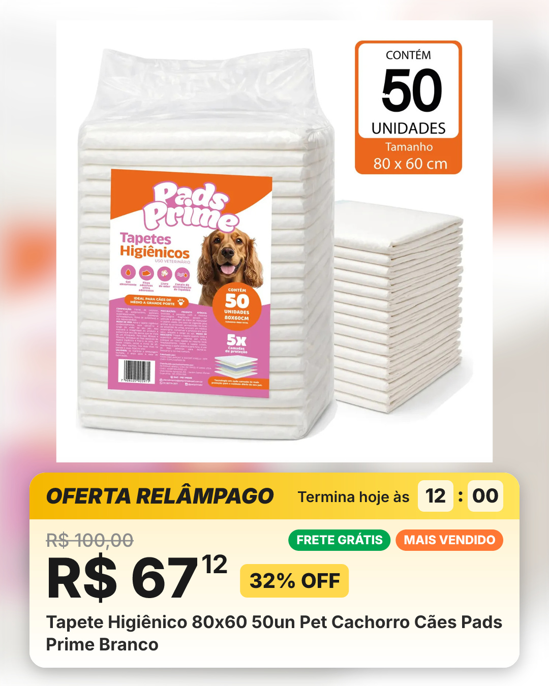 Tapete Higiênico 80x60 50un Pet Cachorro Cães Pads Prime Branco
