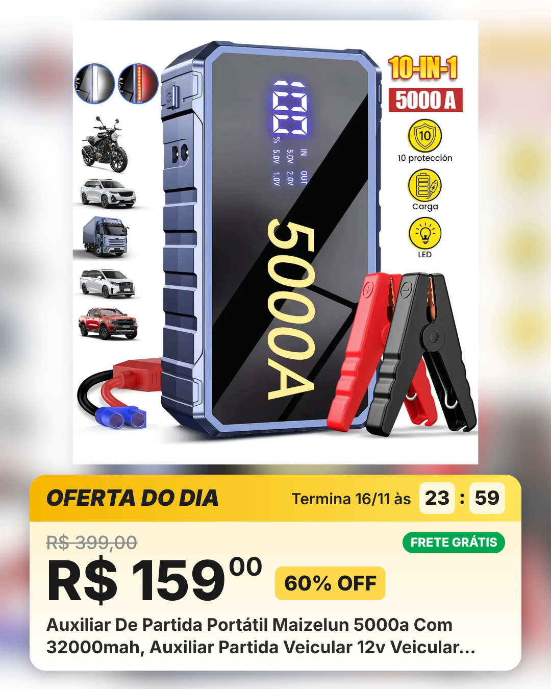 Auxiliar De Partida Portátil Maizelun 5000a Com 32000mah, Auxiliar Partida Veicular 12v Veicular Para Carro, Moto, Suv Cortadores De Grama E Caminhão Com 3 Modos De Iluminação, Modo Sos E Tela De Led