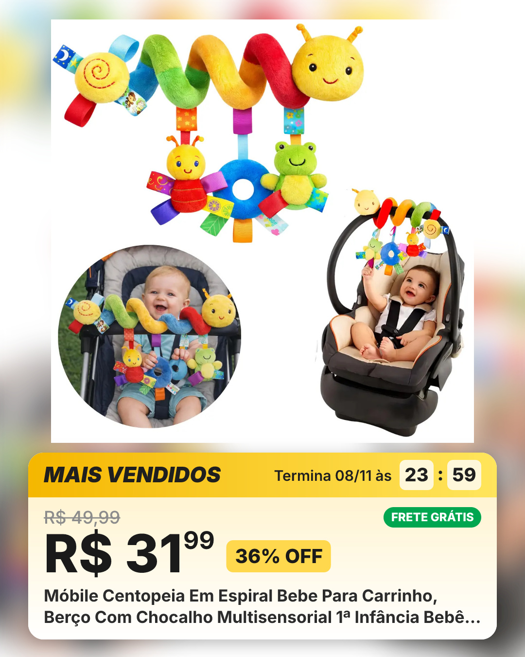 Móbile Centopeia Em Espiral Bebe Para Carrinho, Berço Com Chocalho Multisensorial 1ª Infância Bebê Conforto Marca D Dose Colorido