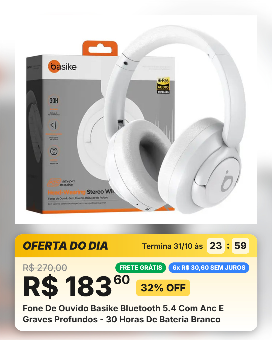 Fone De Ouvido Basike Bluetooth 5.4 Com Anc E Graves Profundos - 30 Horas De Bateria Branco