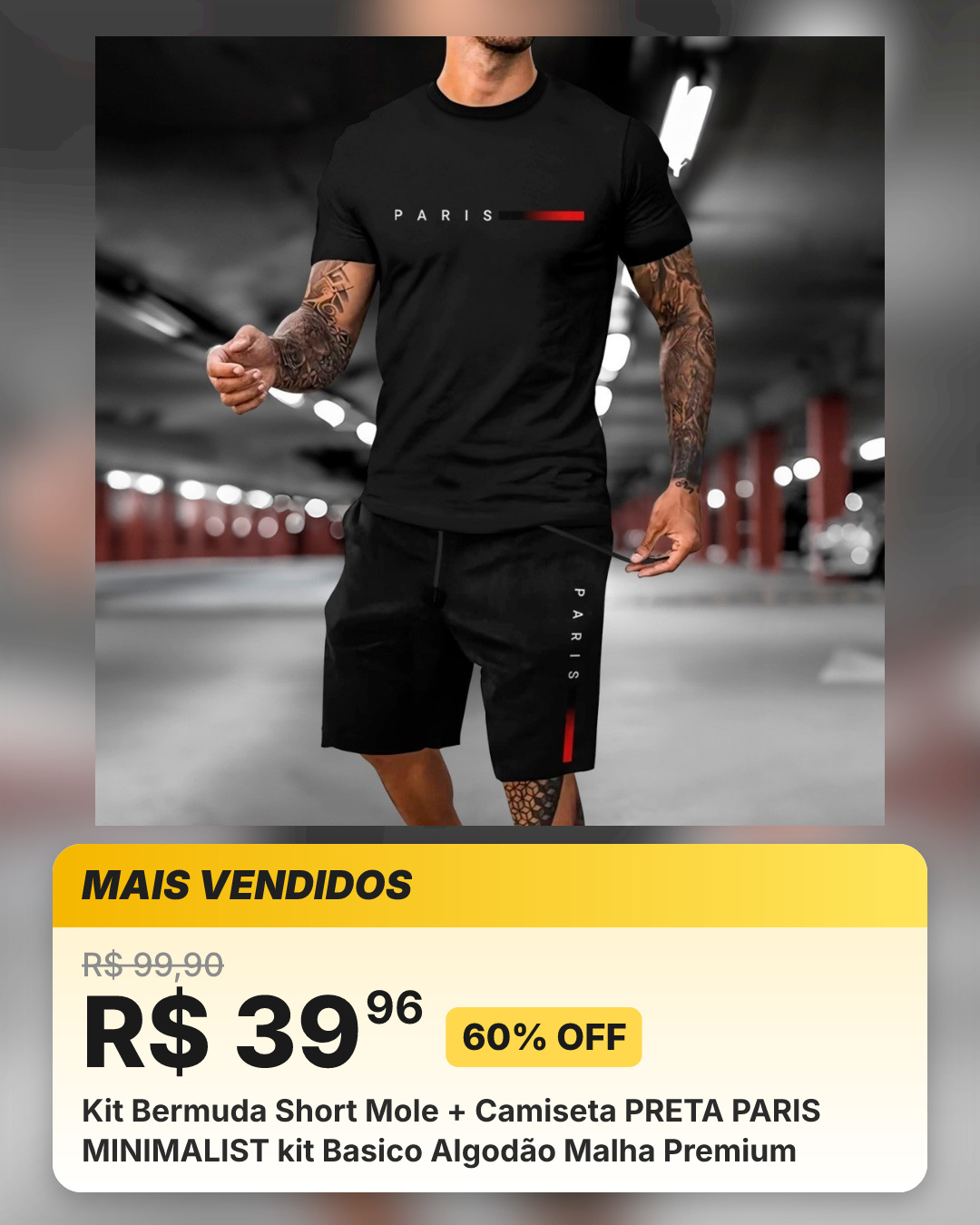 Kit Bermuda Short Mole + Camiseta PRETA PARIS MINIMALIST kit Basico Algodão Malha Premium
