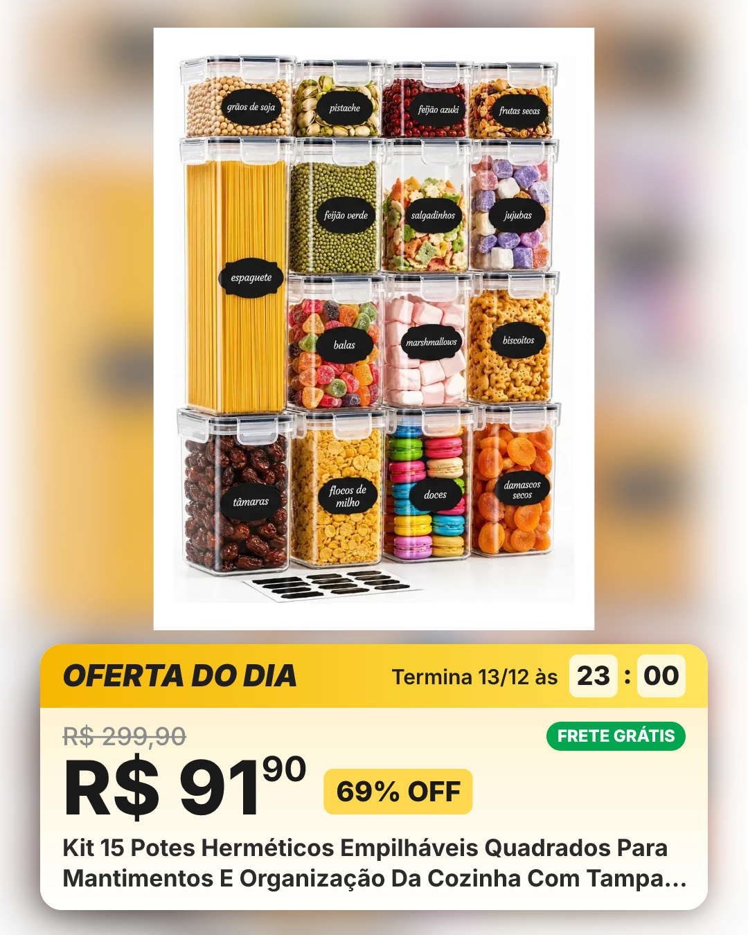 Kit 15 Potes Herméticos Empilháveis Quadrados Para Mantimentos E Organização Da Cozinha Com Tampa E Vedação De Silicone Branco Shokki