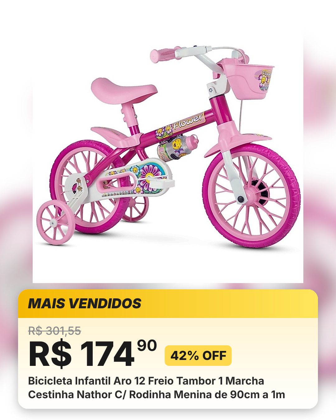 Bicicleta Infantil Aro 12 Freio Tambor 1 Marcha Cestinha Nathor C/ Rodinha Menina de 90cm a 1m