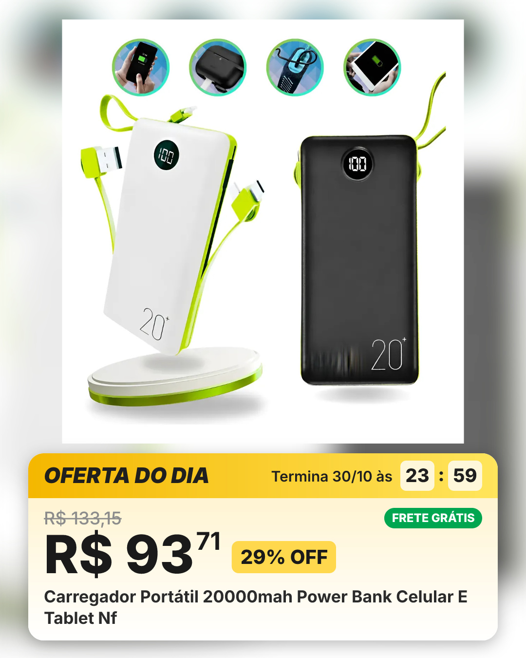 Carregador Portátil 20000mah Power Bank Celular E Tablet Nf