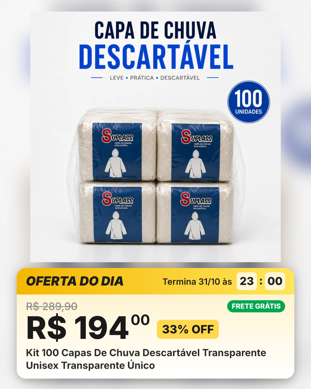 Kit 100 Capas De Chuva Descartável Transparente Unisex Transparente Único