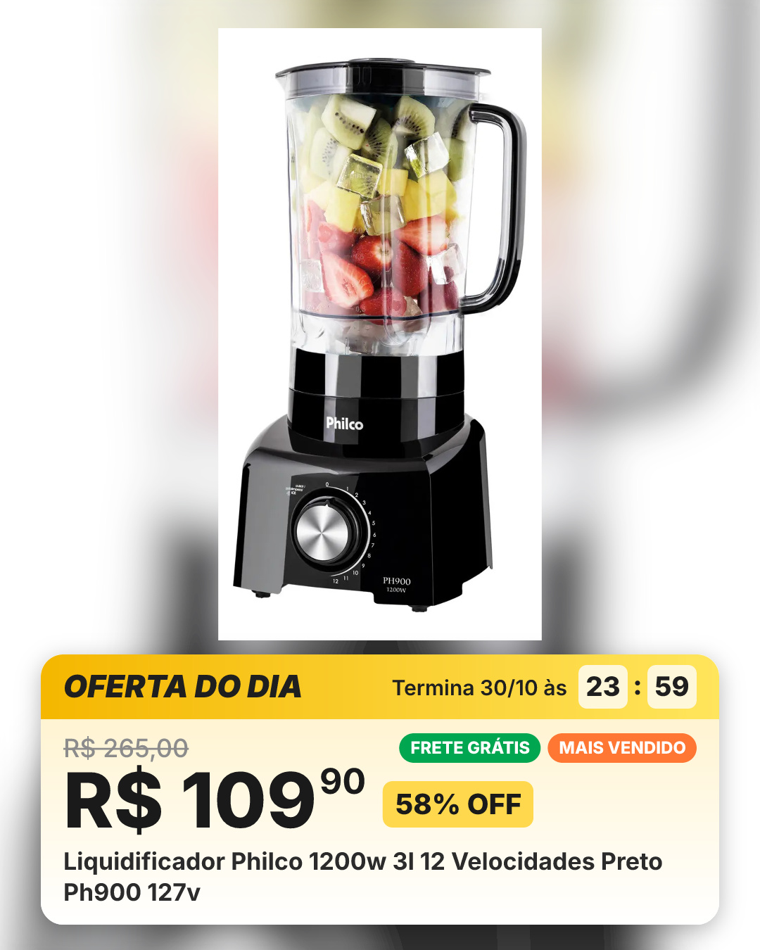 Liquidificador Philco 1200w 3l 12 Velocidades Preto Ph900 127v