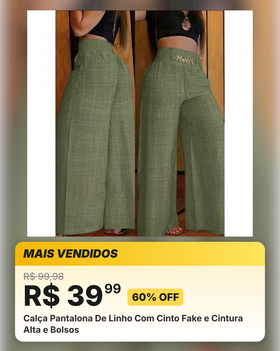 Calça Pantalona De Linho Com Cinto Fake e Cintura Alta e Bolsos