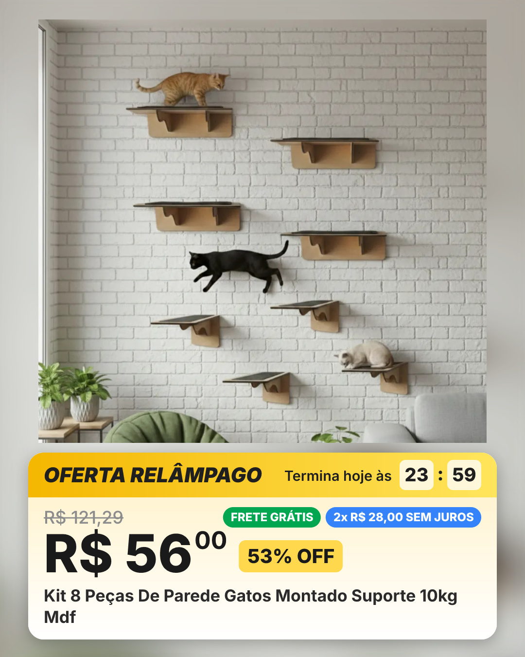Kit 8 Peças De Parede Gatos Montado Suporte 10kg Mdf