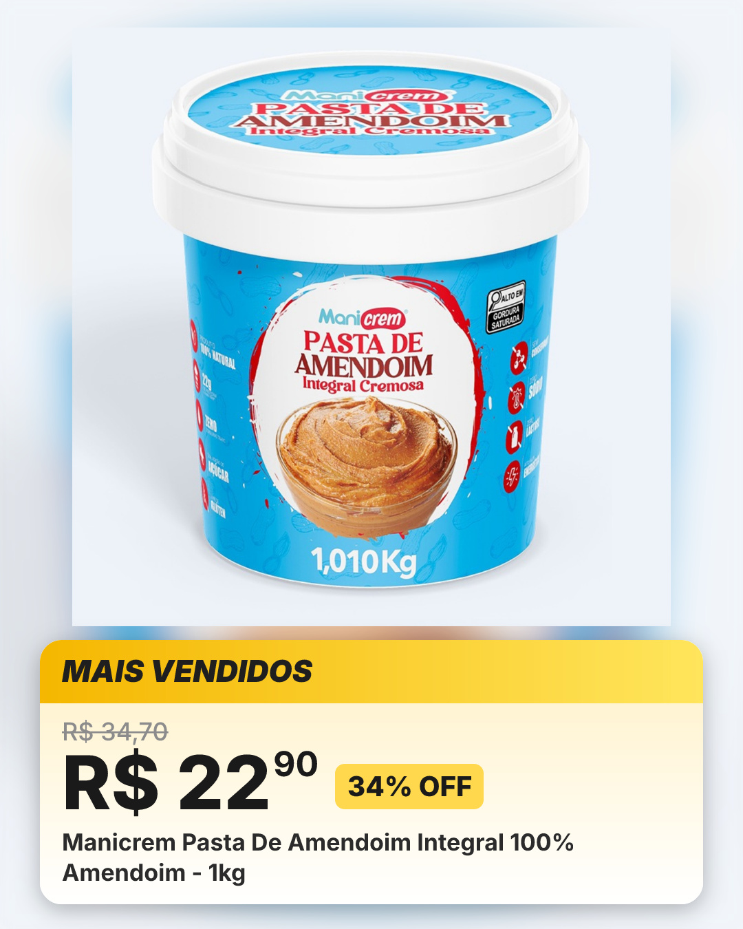 Manicrem Pasta De Amendoim Integral 100% Amendoim - 1kg
