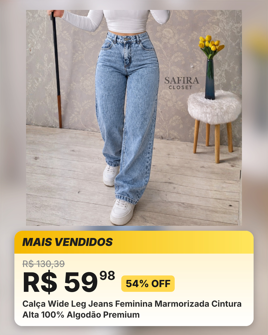 Calça Wide Leg Jeans Feminina Marmorizada Cintura Alta 100% Algodão Premium