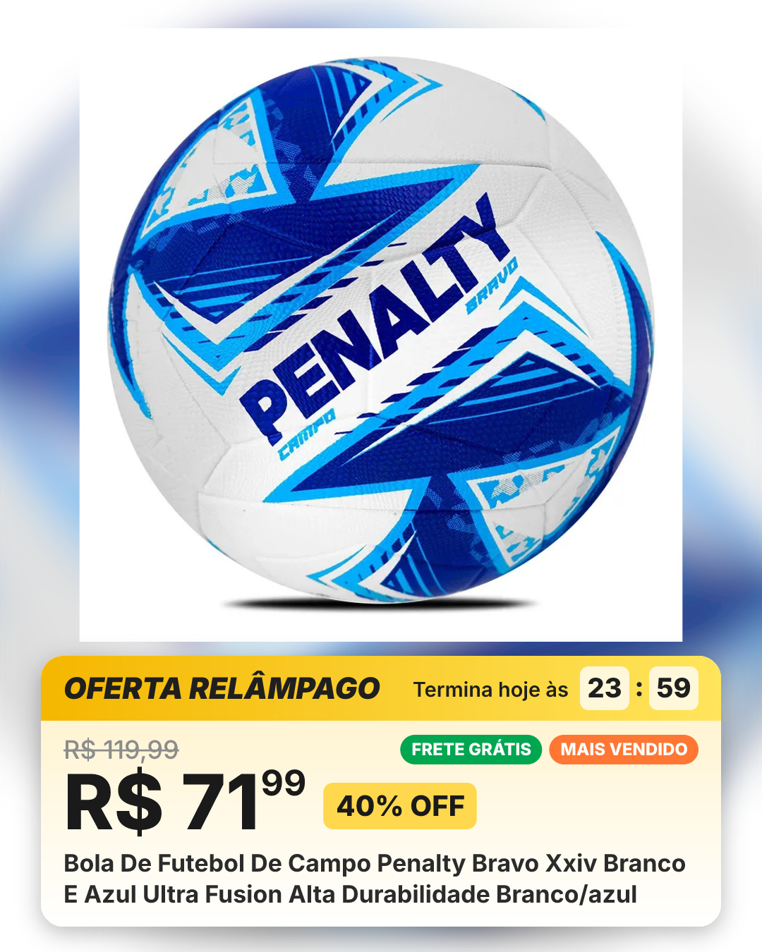 Bola De Futebol De Campo Penalty Bravo Xxiv Branco E Azul Ultra Fusion Alta Durabilidade Branco/azul
