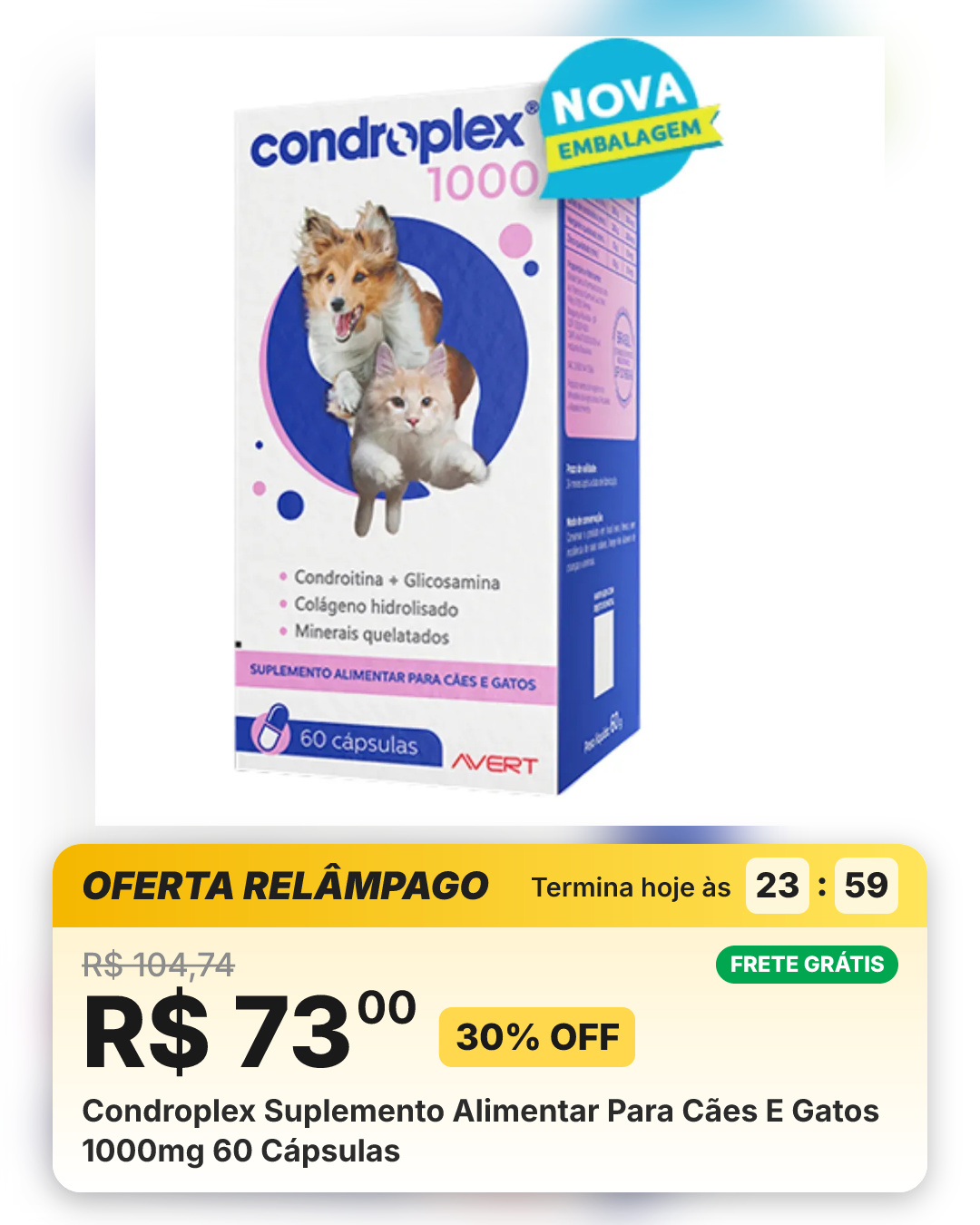 Condroplex Suplemento Alimentar Para Cães E Gatos 1000mg 60 Cápsulas
