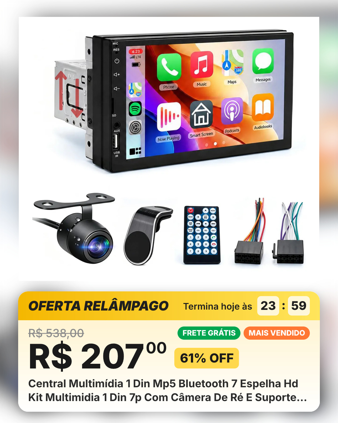 Central Multimídia 1 Din Mp5 Bluetooth 7 Espelha Hd Kit Multimidia 1 Din 7p Com Câmera De Ré E Suporte Para Celular Automotivo