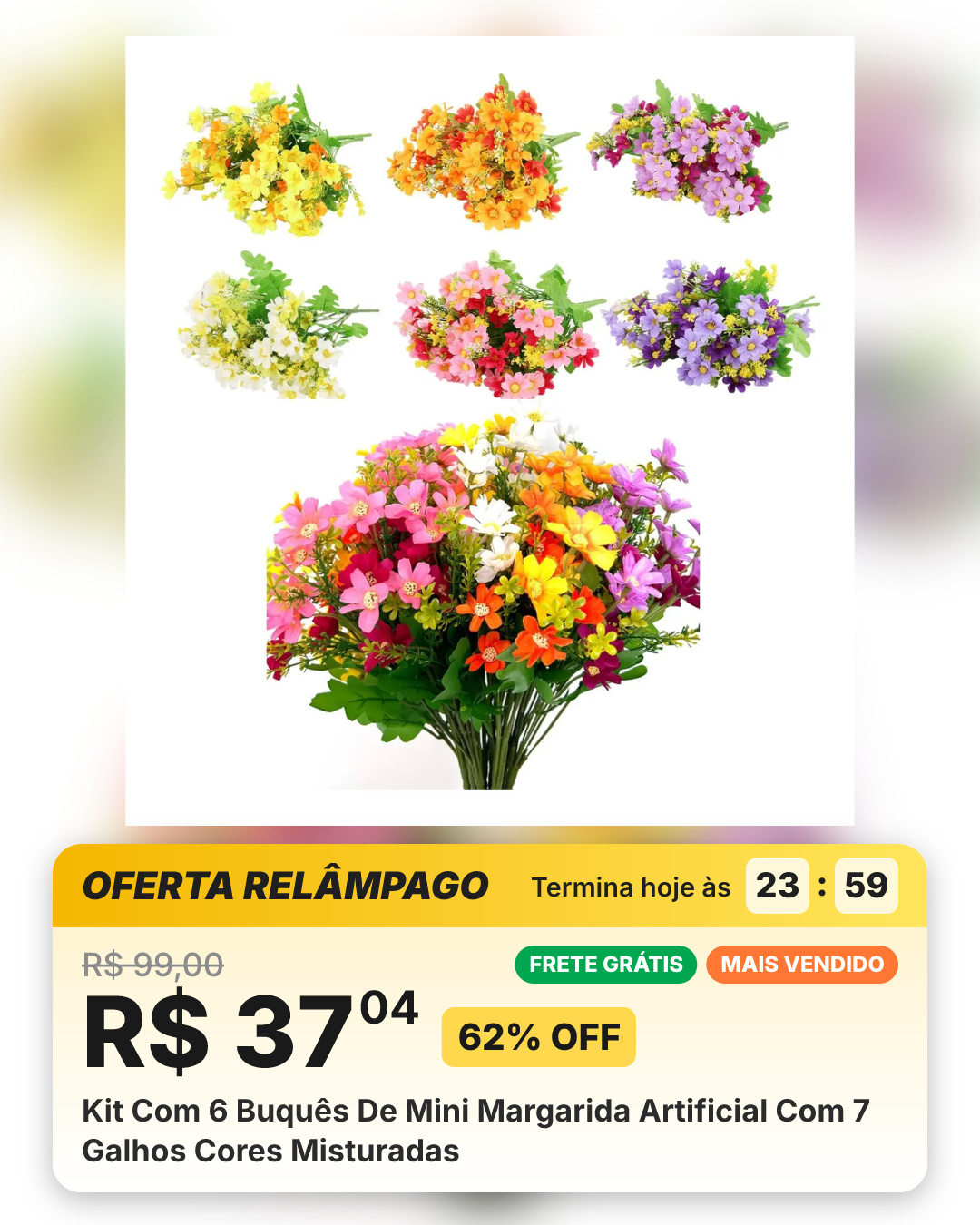 Kit Com 6 Buquês De Mini Margarida Artificial Com 7 Galhos Cores Misturadas