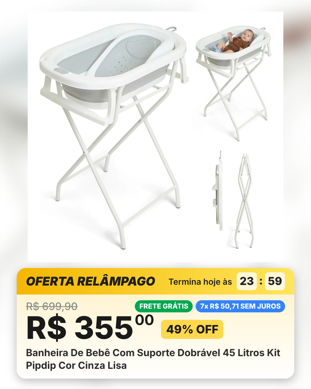 Banheira De Bebê Com Suporte Dobrável 45 Litros Kit Pipdip Cor Cinza Lisa