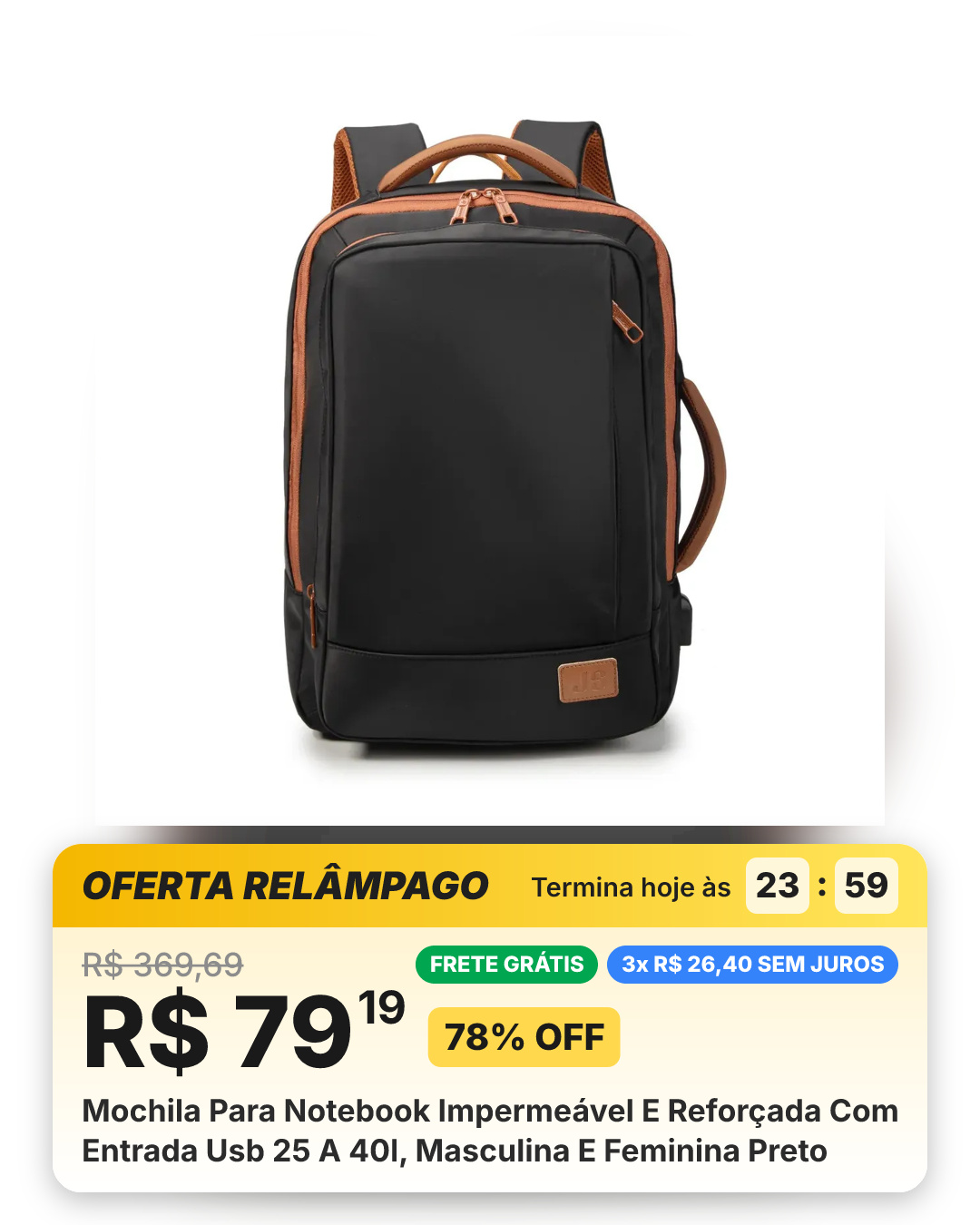 Mochila Para Notebook Impermeável E Reforçada Com Entrada Usb 25 A 40l, Masculina E Feminina Preto
