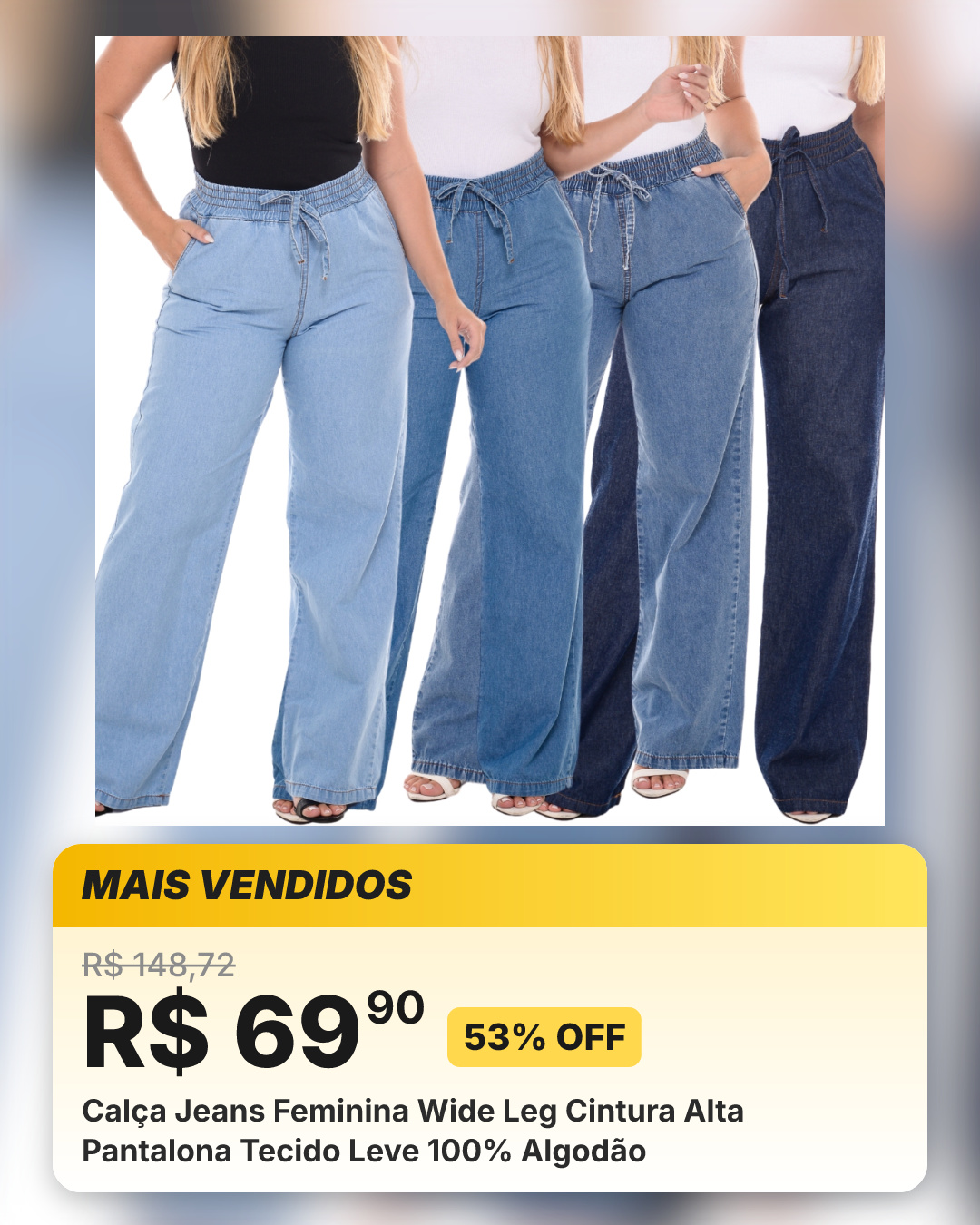 Calça Jeans Feminina Wide Leg Cintura Alta Pantalona Tecido Leve 100% Algodão
