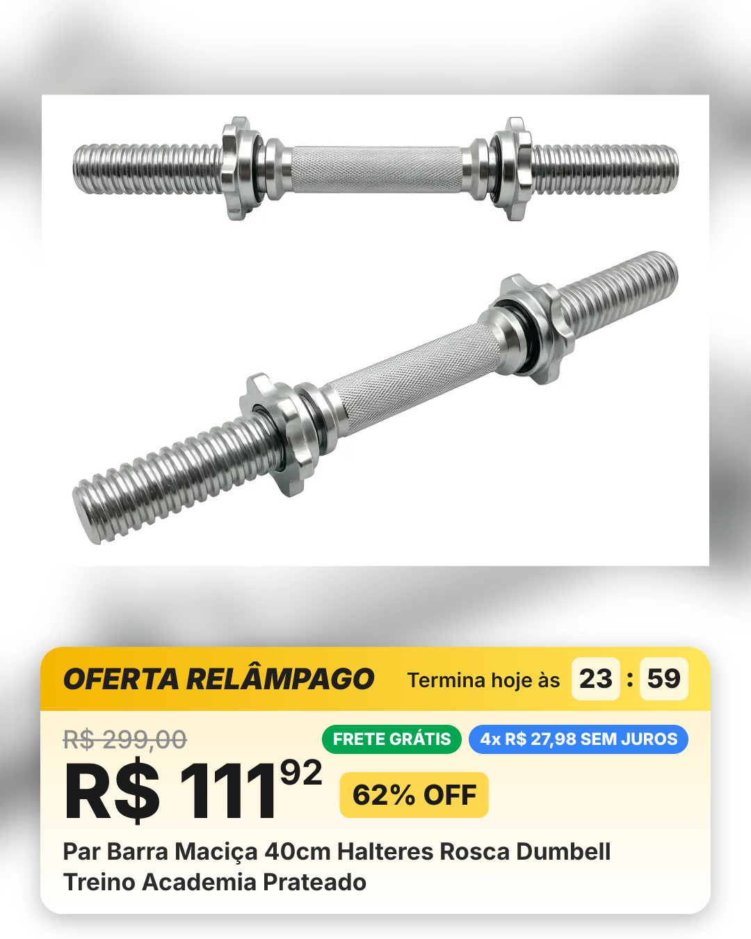 Par Barra Maciça 40cm Halteres Rosca Dumbell Treino Academia Prateado