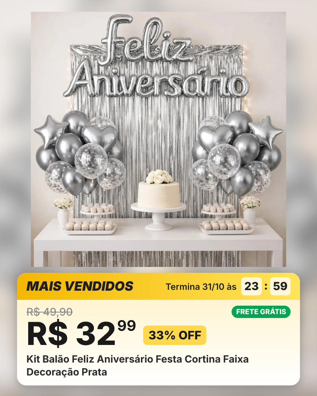 Kit Balão Feliz Aniversário Festa Cortina Faixa Decoração Prata