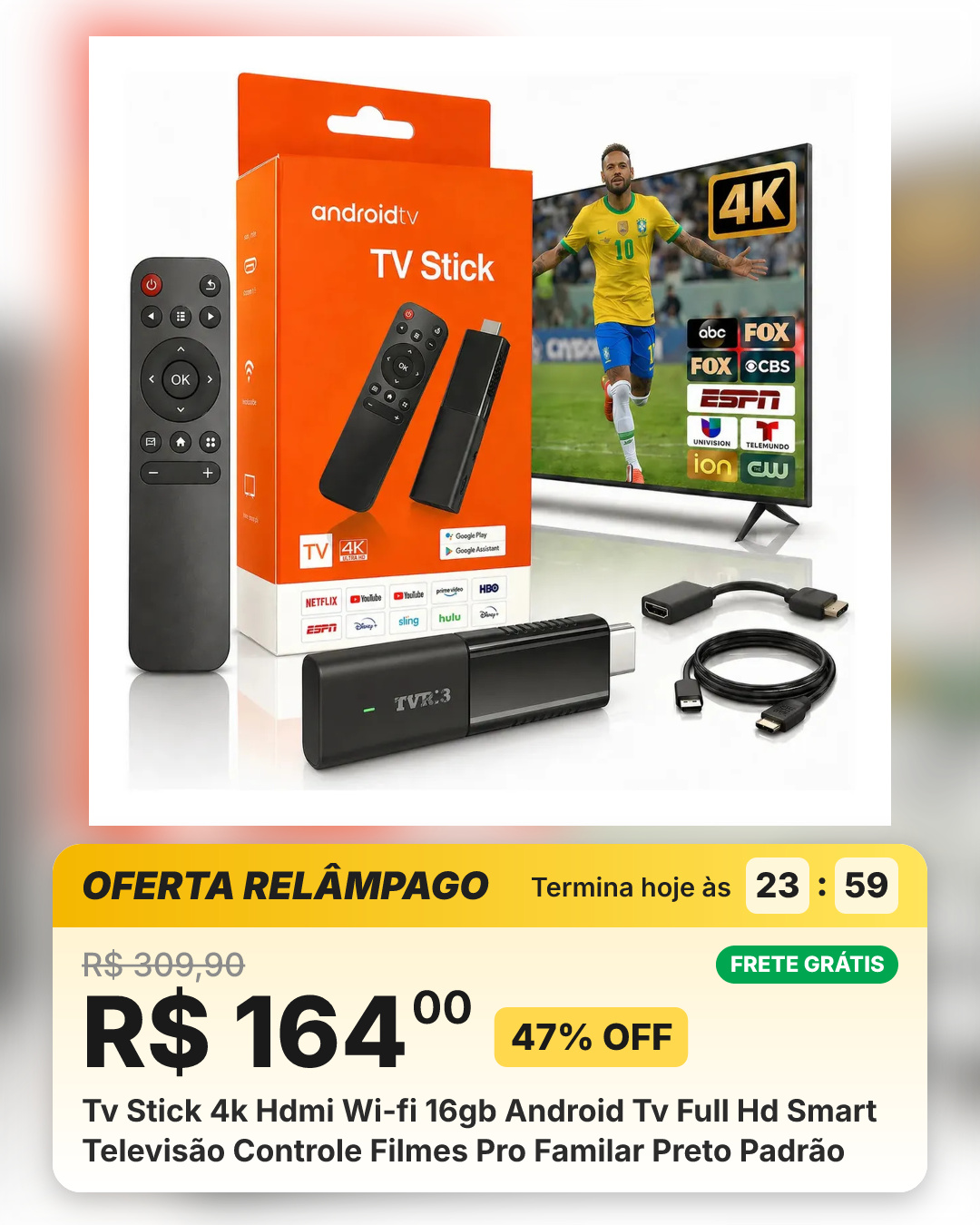 Tv Stick 4k Hdmi Wi-fi 16gb Android Tv Full Hd Smart Televisão Controle Filmes Pro Familar Preto Padrão
