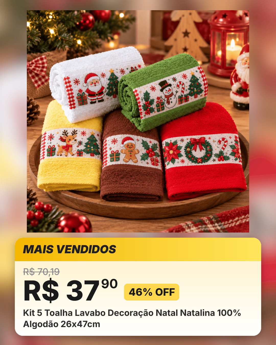 Kit 5 Toalha Lavabo Decoração Natal Natalina 100% Algodão 26x47cm