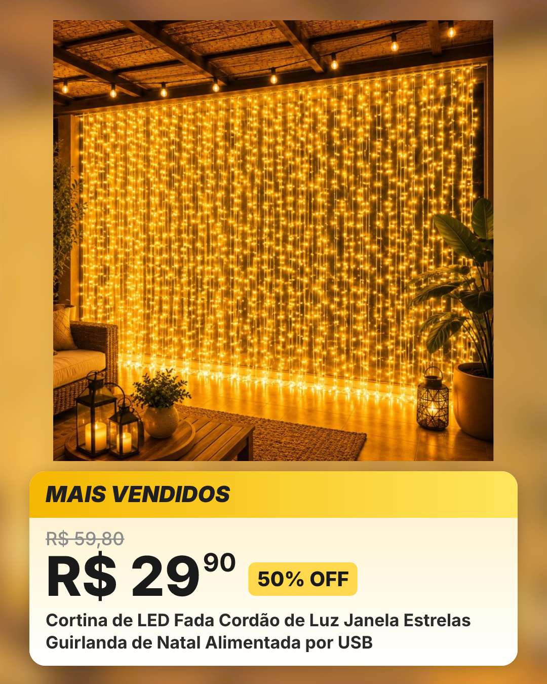 Cortina de LED Fada Cordão de Luz Janela Estrelas Guirlanda de Natal Alimentada por USB