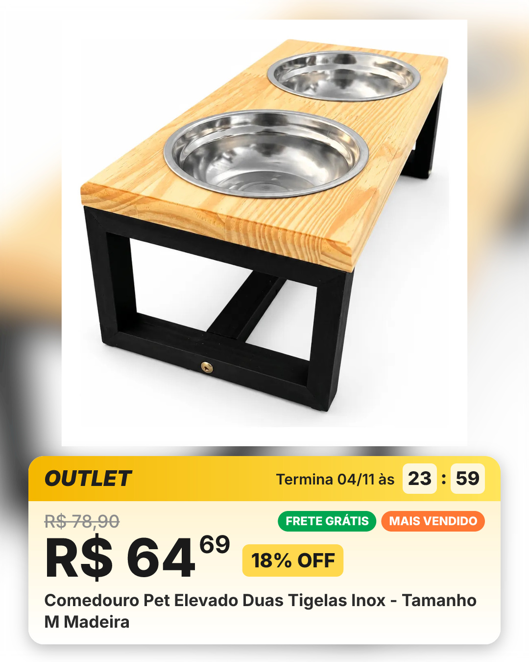 Comedouro Pet Elevado Duas Tigelas Inox - Tamanho M Madeira