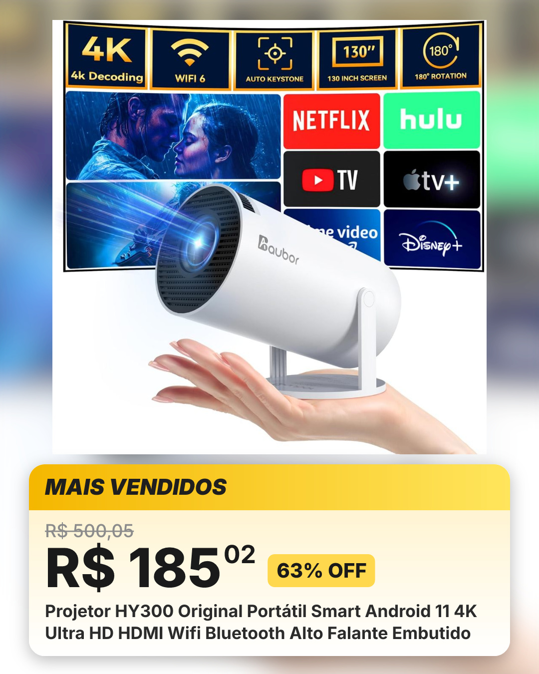 Projetor HY300 Original Portátil Smart Android 11 4K Ultra HD HDMI Wifi Bluetooth Alto Falante Embutido