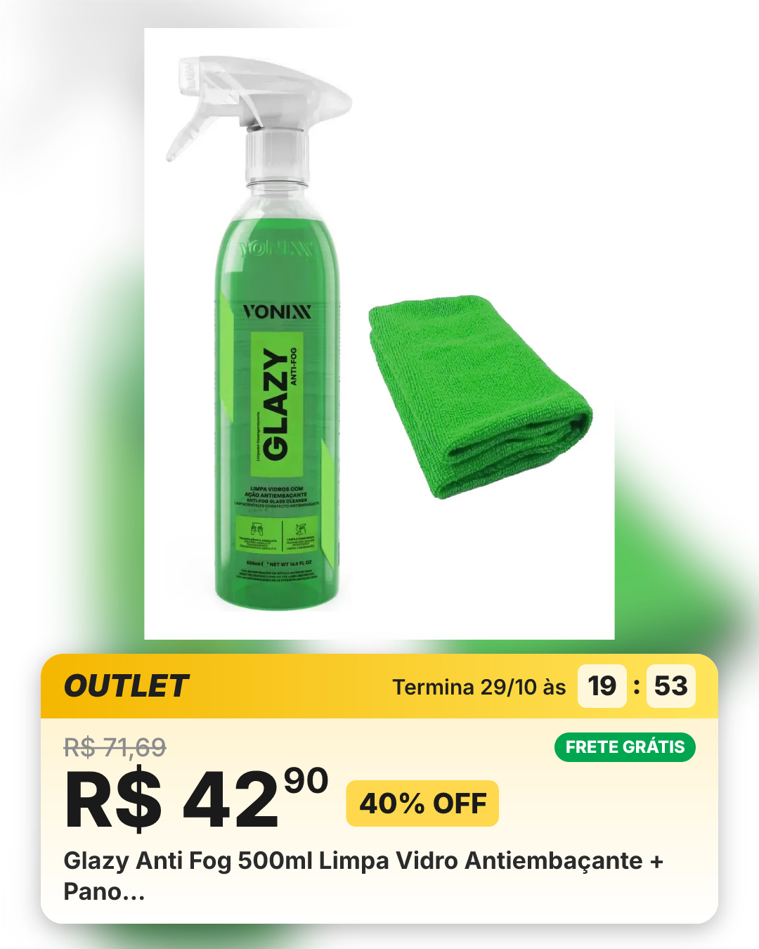 Glazy Anti Fog 500ml Limpa Vidro Antiembaçante + Pano…