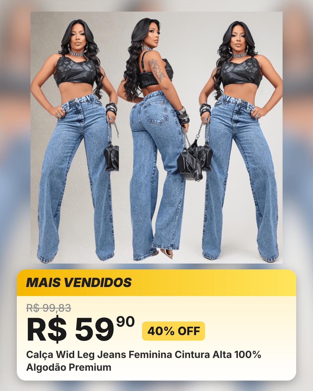 Calça Wid Leg Jeans Feminina Cintura Alta 100% Algodão Premium