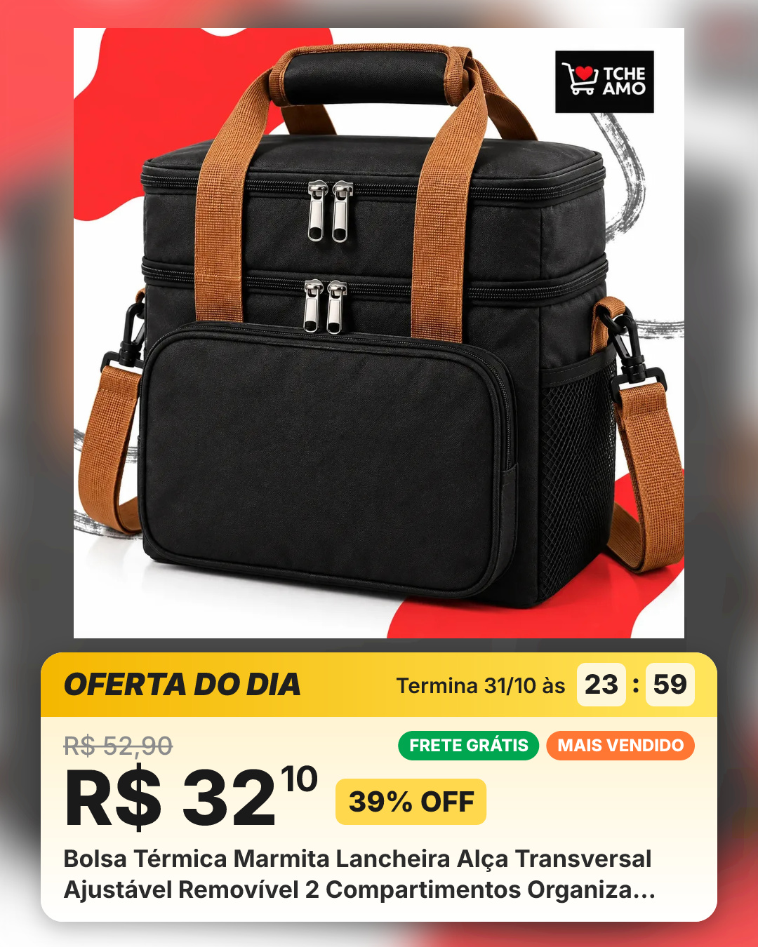 Bolsa Térmica Marmita Lancheira Alça Transversal Ajustável Removível 2 Compartimentos Organiza Conserva Seus Alimentos Quente Ou Frio Cor Preto Tche Amo