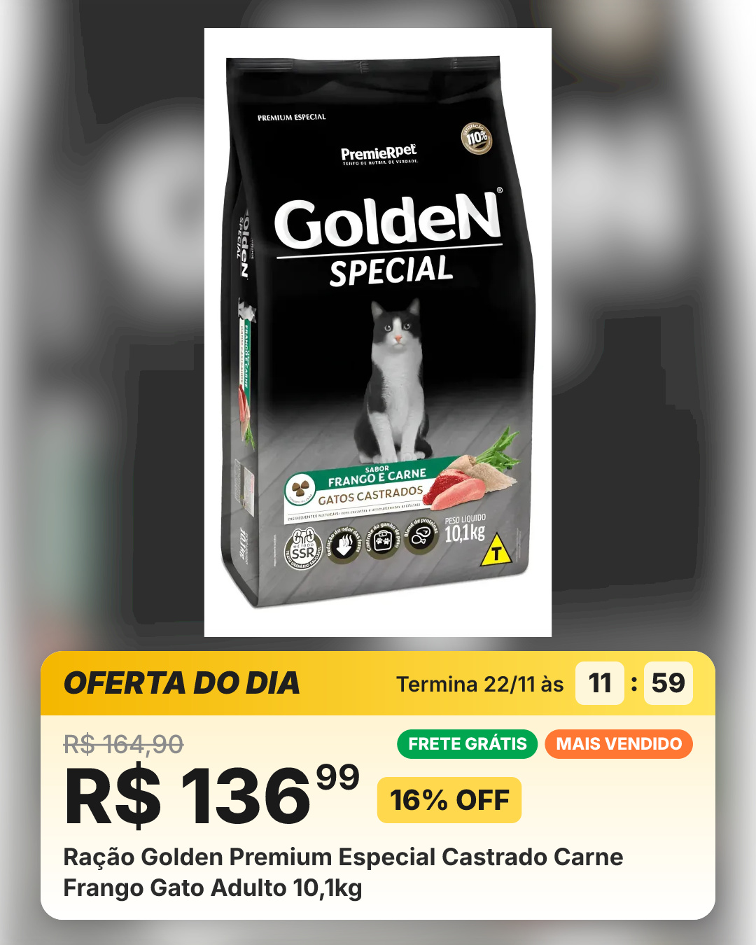 Ração Golden Premium Especial Castrado Carne Frango Gato Adulto 10,1kg